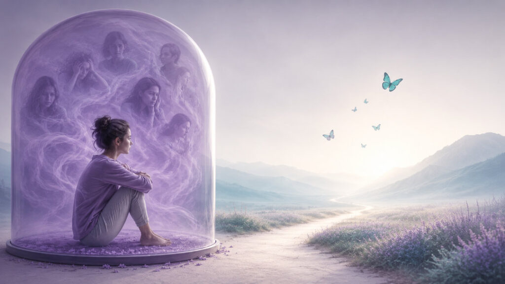 How Self-Limiting Beliefs Shape Your Future Woman trapped by self-limiting beliefs looking out towards future path.