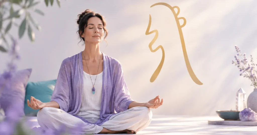 Reiki Symbols And Their Meanings Woman meditating with one of the Reiki Symbols